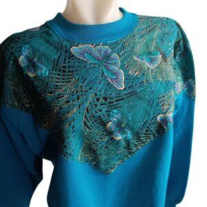 Vintage Hanes Activewear Teal Butterfly Print Sweatshirt Large 1990's Granny